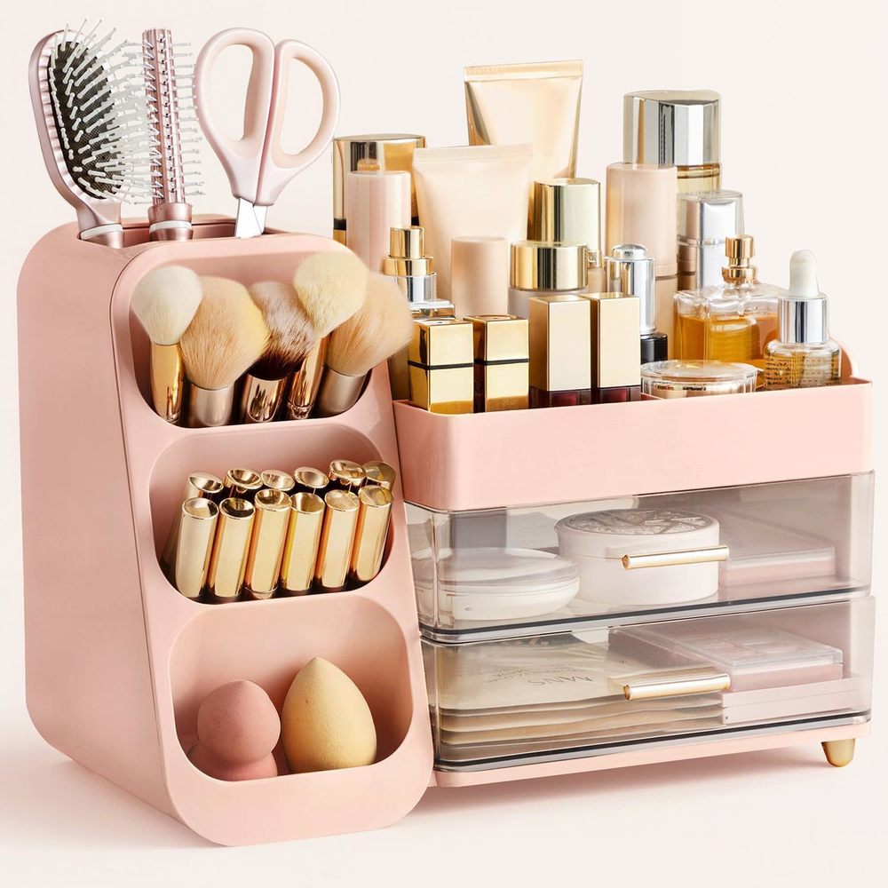 Makeup Organizer With Brush Holder For Vanity, Large Plastic Bathroom🖤